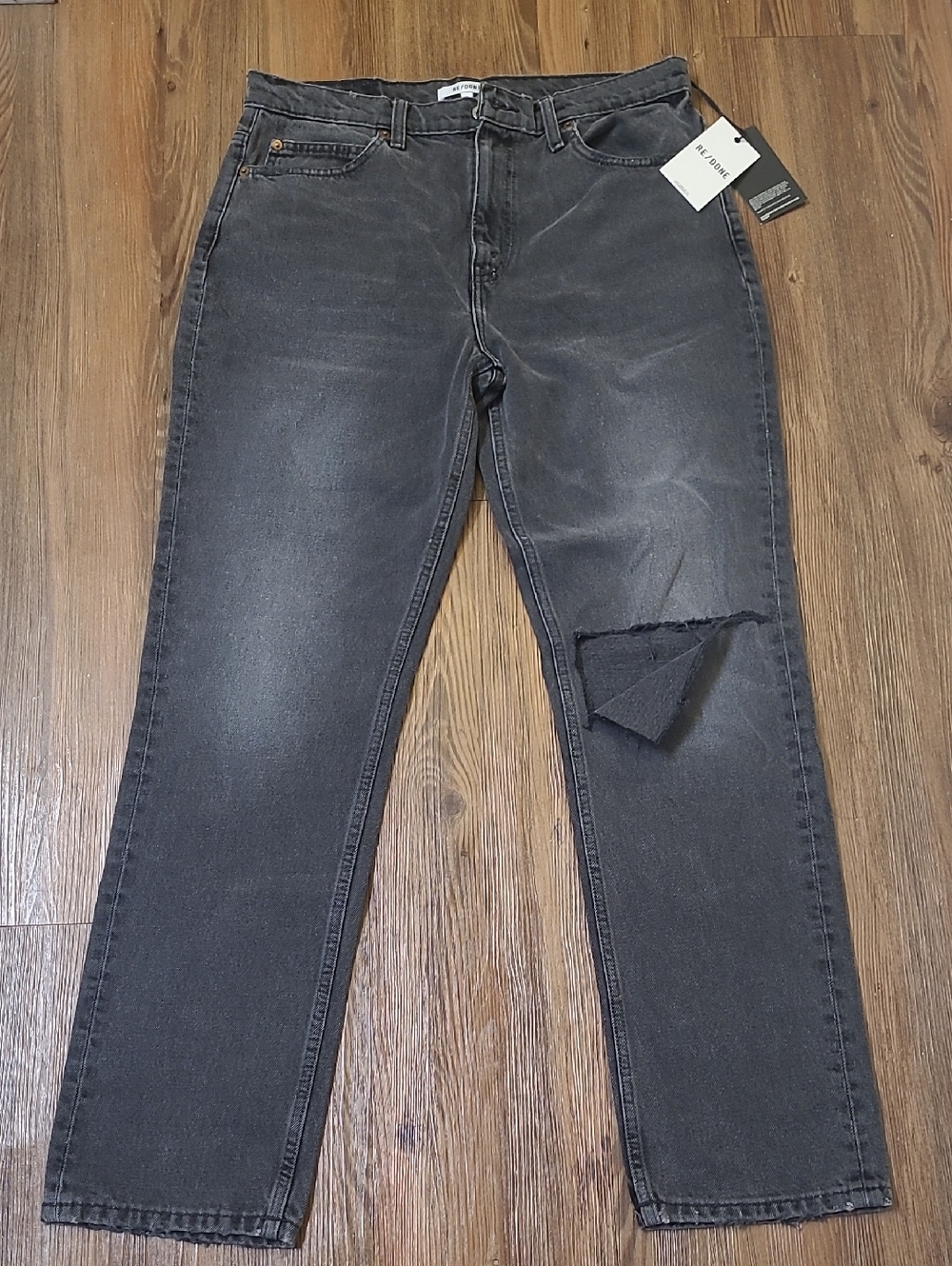 Re/Done Women's Straight-Leg Jeans in Washed Black with Knee Distress